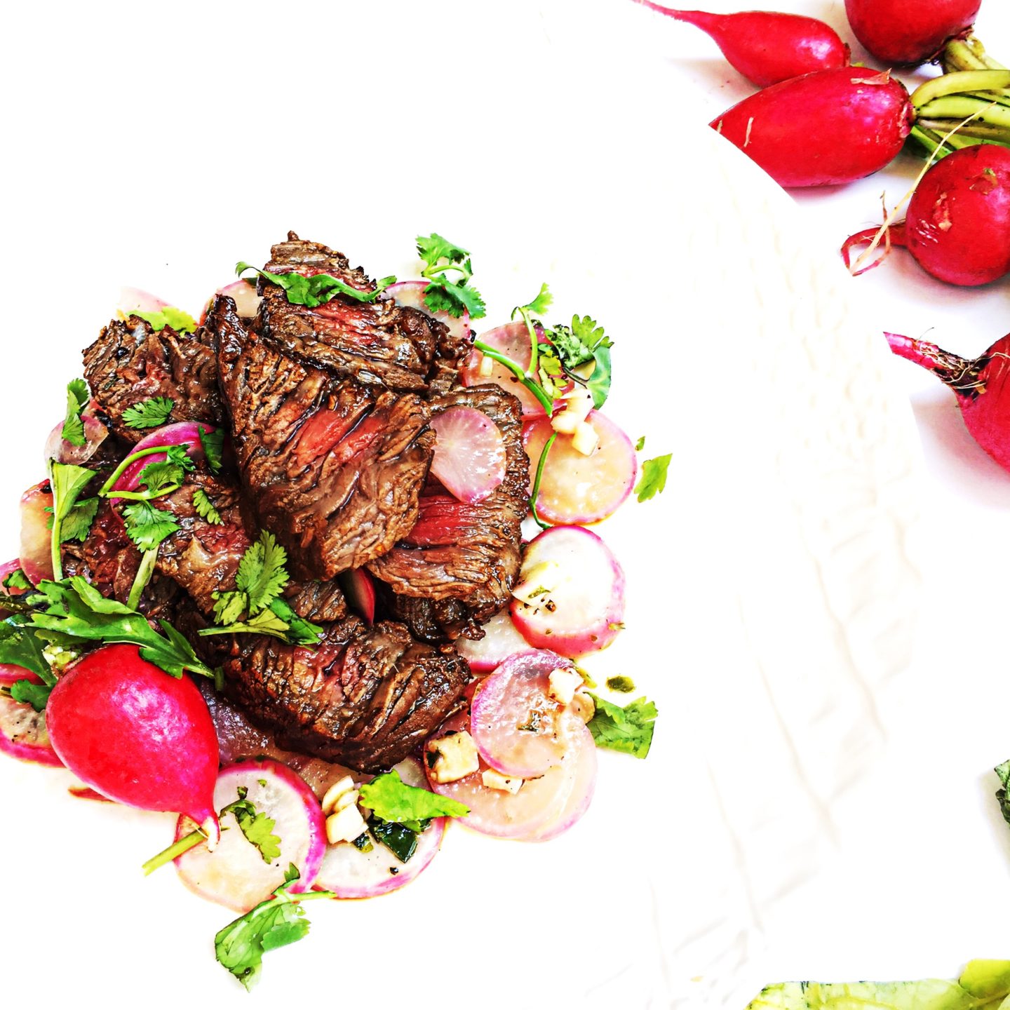Marinated Steak over Grilled Radishes and Cilantro