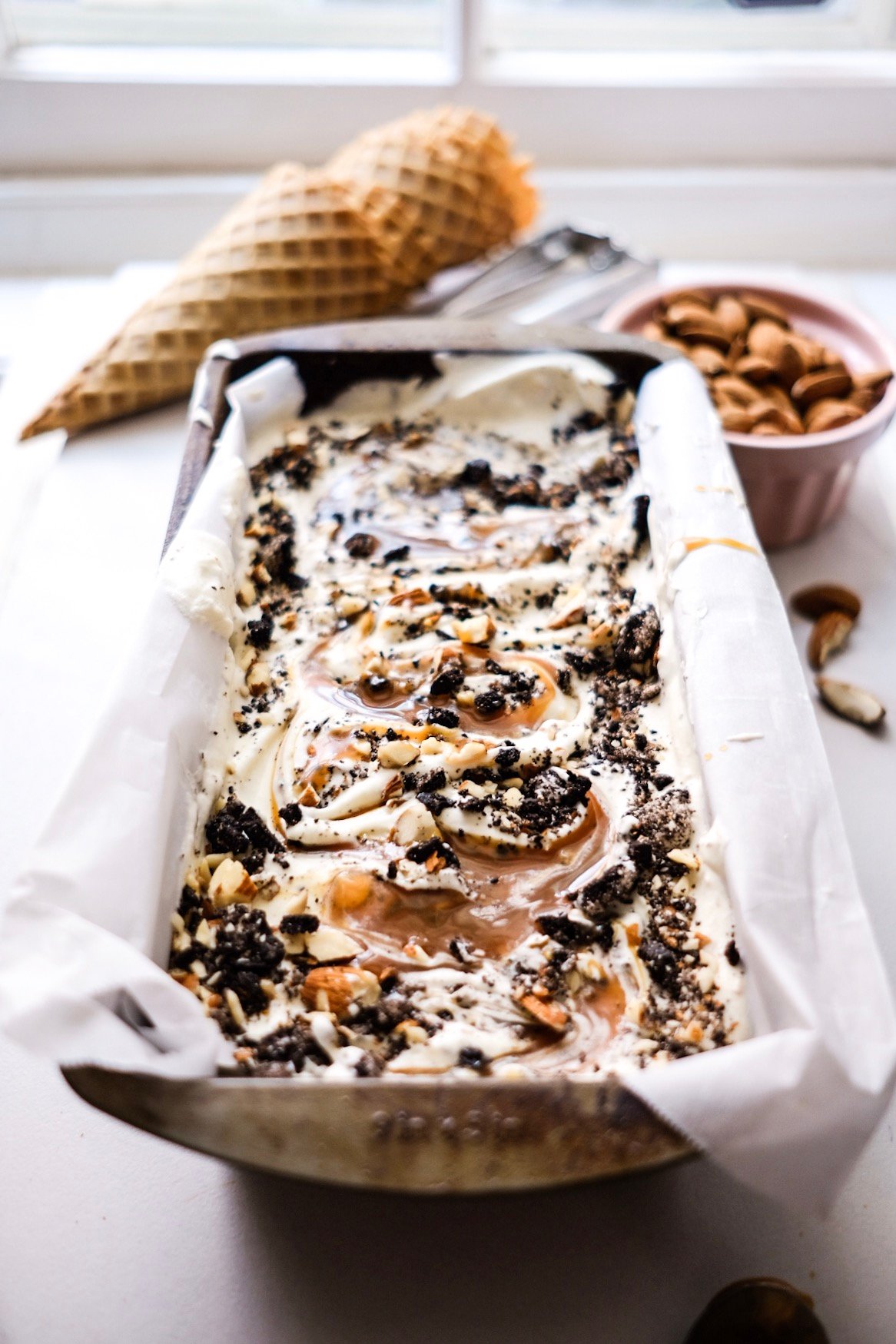 recipe for Oreo Salted Almond Caramel Swirl Homemade Ice Cream.