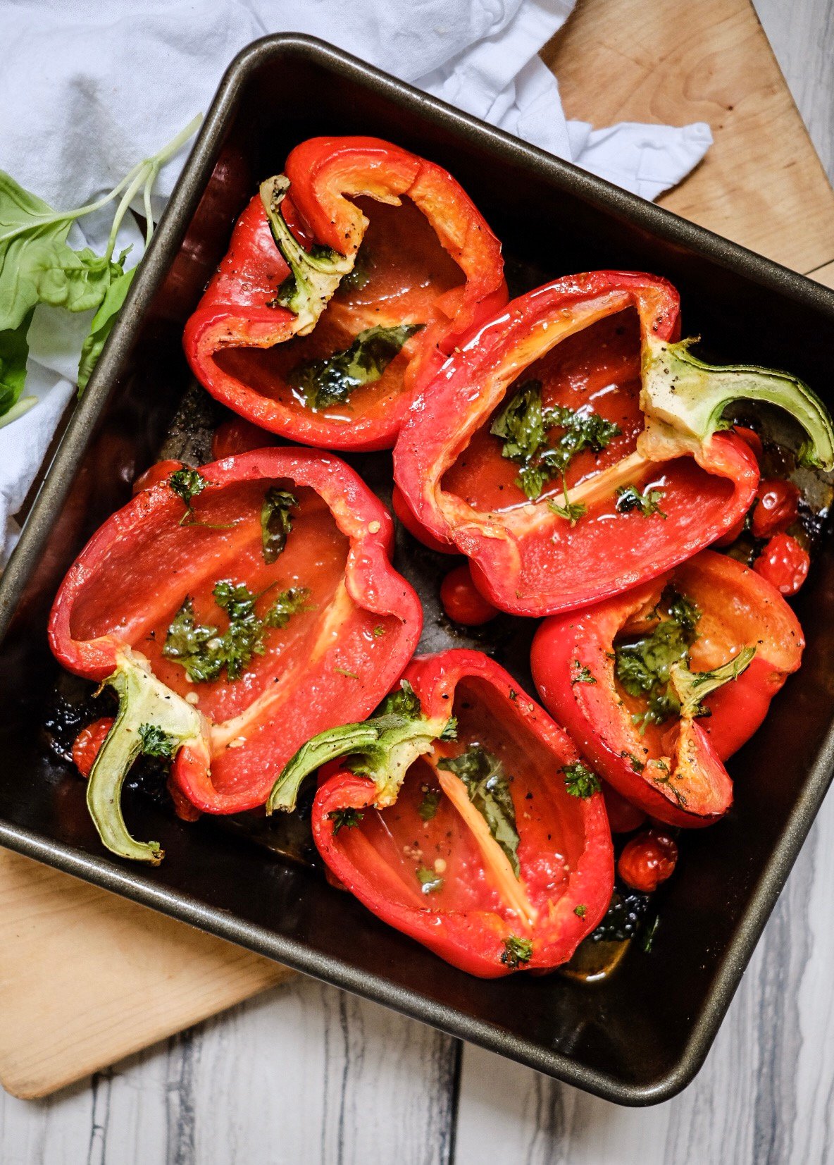 Lifestyle Blogger Jenny Meassick from Chocolate & Lace shares her recipe for Roasted Stuffed Peppers.