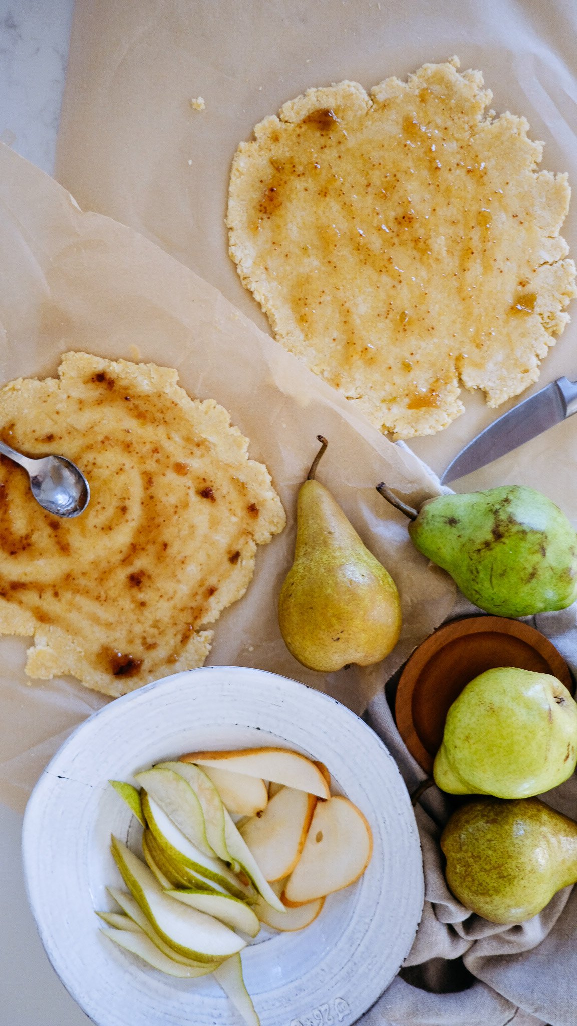 spiced pear galette with green pears.