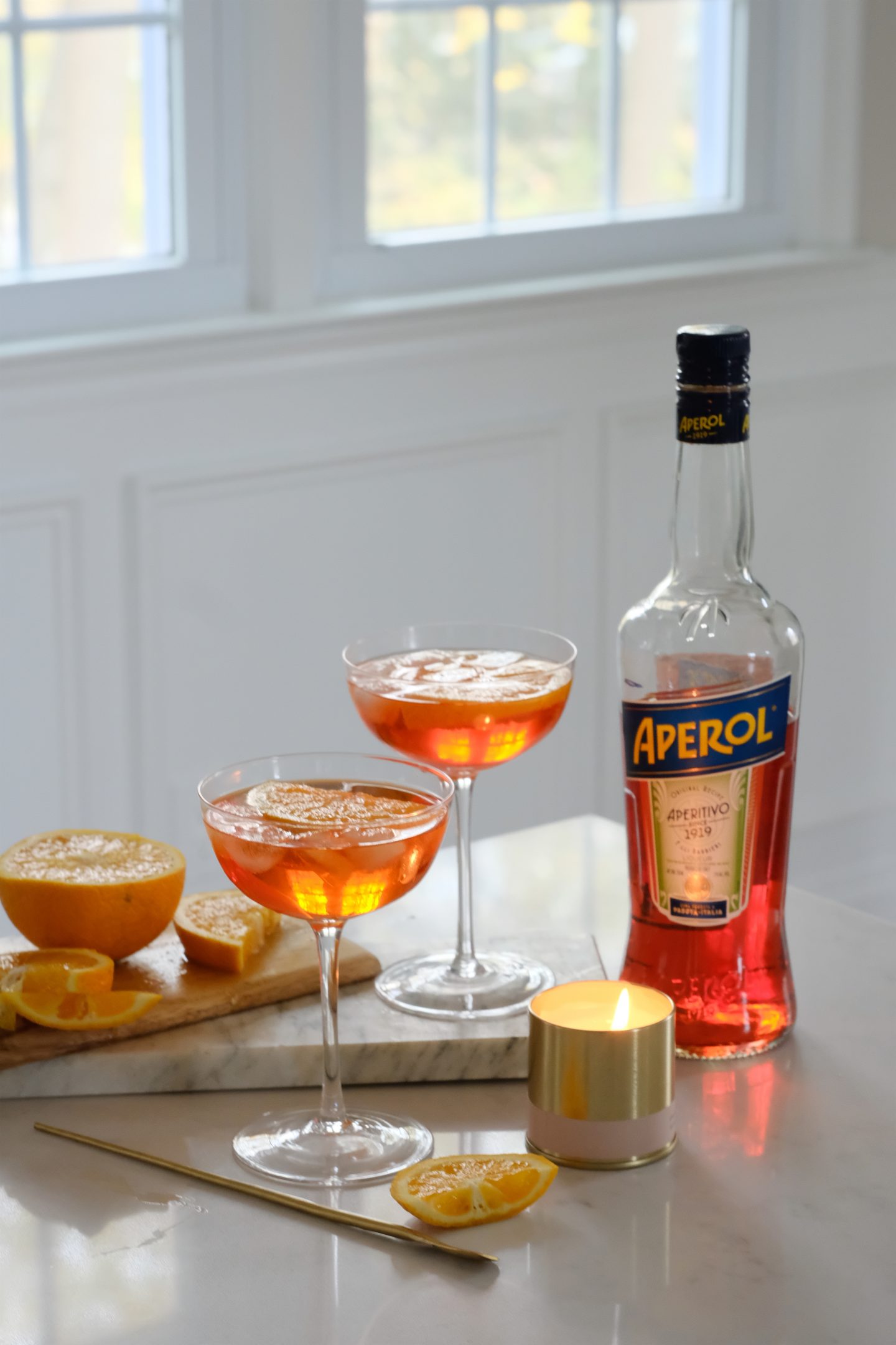 classic recipe for Aperol Spritz orange liquor in wine glasses. 